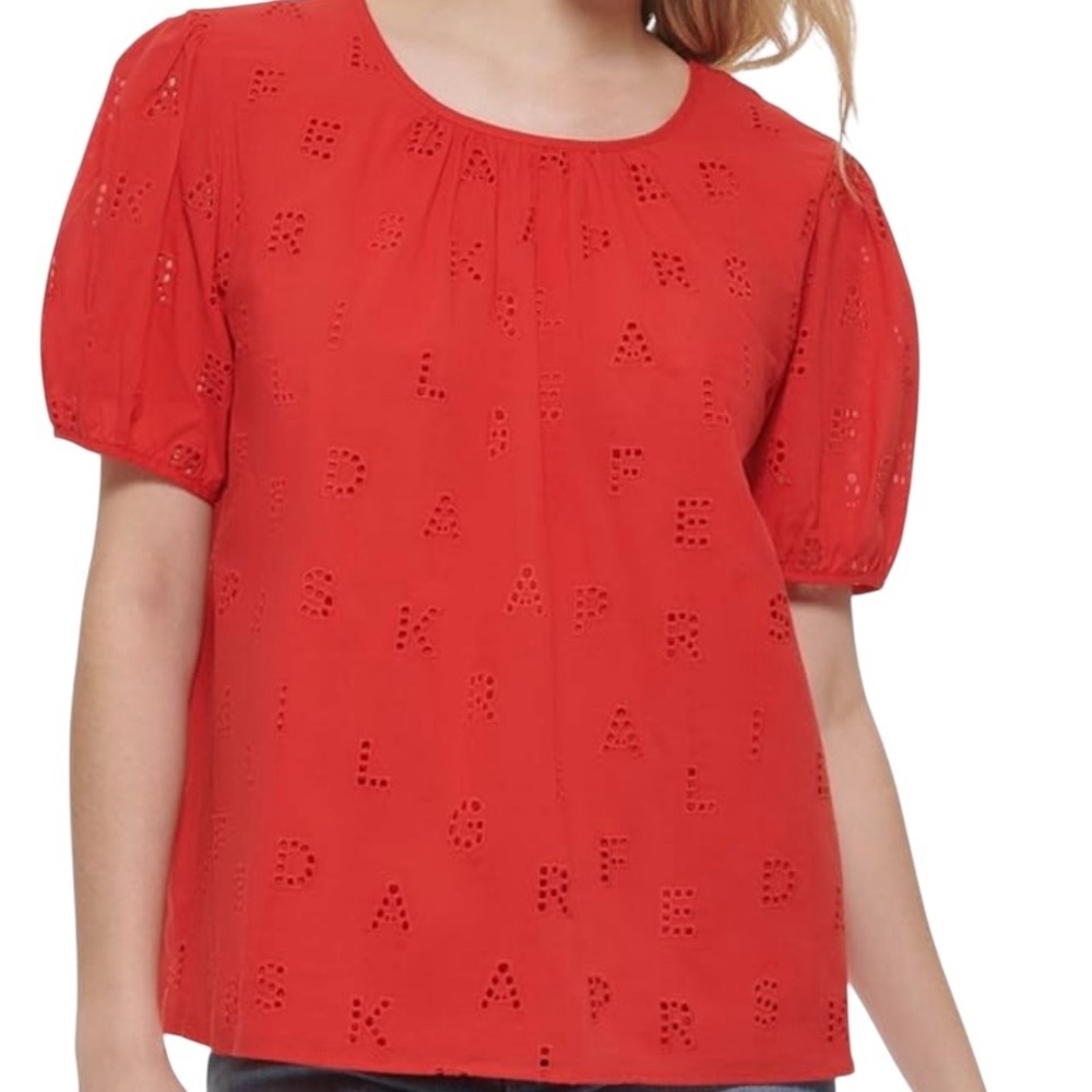 Karl Lagerfeld Paris Womens Logo Eyelet Blouse Red XL